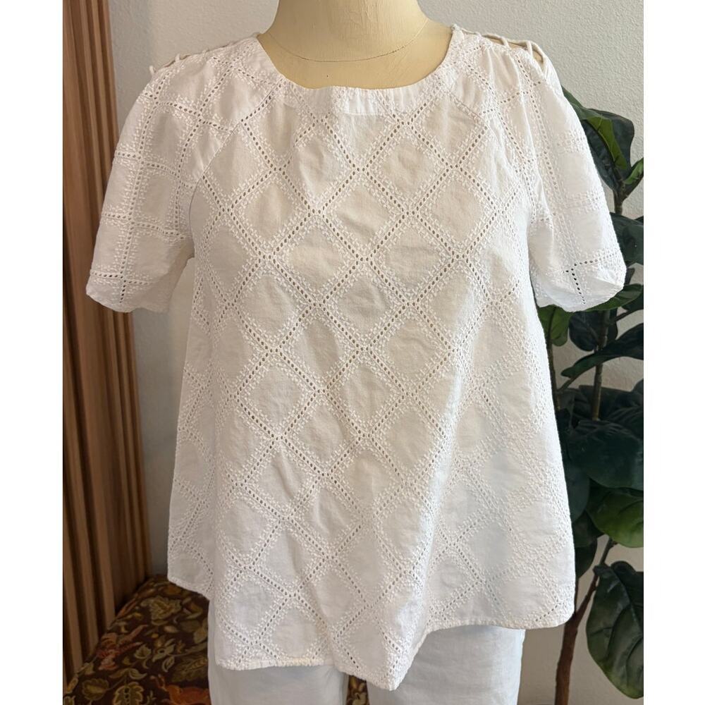 Madewell Womenโs Small White Eyelet Embroidered Ladder Sleeve Blouse Top
